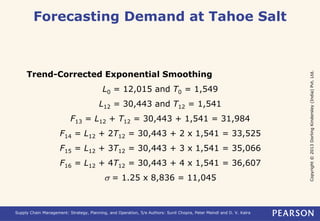 Copyright © 2013 Dorling Kindersley (India) Pvt. Ltd. 
Forecasting Demand at Tahoe Salt 
Trend-Corrected Exponential Smoothing 
L0 = 12,015 and T0 = 1,549 
L12 = 30,443 and T12 = 1,541 
F13 = L12 + T12 = 30,443 + 1,541 = 31,984 
F14 = L12 + 2T12 = 30,443 + 2 x 1,541 = 33,525 
F15 = L12 + 3T12 = 30,443 + 3 x 1,541 = 35,066 
F16 = L12 + 4T12 = 30,443 + 4 x 1,541 = 36,607 
s = 1.25 x 8,836 = 11,045 
Supply Chain Management: Strategy, Planning, and Operation, 5/e Authors: Sunil Chopra, Peter Meindl and D. V. Kalra 
 