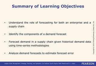 Copyright © 2013 Dorling Kindersley (India) Pvt. Ltd. 
Summary of Learning Objectives 
• Understand the role of forecasting for both an enterprise and a 
supply chain 
• Identify the components of a demand forecast 
• Forecast demand in a supply chain given historical demand data 
using time-series methodologies 
• Analyze demand forecasts to estimate forecast error 
Supply Chain Management: Strategy, Planning, and Operation, 5/e Authors: Sunil Chopra, Peter Meindl and D. V. Kalra 
