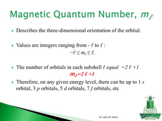 Describes the three-dimensional orientation of the orbital.
 Values are integers ranging from - ℓ to ℓ :
−ℓ ≤ ml ≤ ℓ.
 The number of orbitals in each subshell ℓ equal =2 ℓ +1
mℓ =2 ℓ +1
 Therefore, on any given energy level, there can be up to 1 s
orbital, 3 p orbitals, 5 d orbitals, 7 f orbitals, etc
Dr Laila Al-Harbi
 