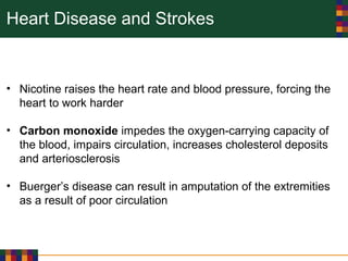 Heart Disease and Strokes
• Nicotine raises the heart rate and blood pressure, forcing the
heart to work harder
• Carbon monoxide impedes the oxygen-carrying capacity of
the blood, impairs circulation, increases cholesterol deposits
and arteriosclerosis
• Buerger’s disease can result in amputation of the extremities
as a result of poor circulation
 