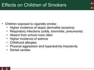 Effects on Children of Smokers
• Children exposed to cigarette smoke:
• Higher incidence of atopic dermatitis (eczema)
• Respiratory infections (colds, bronchitis, pneumonia)
• Absent from school more often
• Higher incidence of asthma
• Childhood allergies
• Physical aggression and hyperactivity-impulsivity
• Dental cavities
 