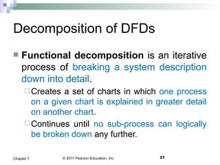 © 2011 Pearson Education, Inc. 21Chapter 7
Decomposition of DFDs
 Functional decomposition is an iterative
process of breaking a system description
down into detail.
Creates a set of charts in which one process
on a given chart is explained in greater detail
on another chart.
Continues until no sub-process can logically
be broken down any further.
 
