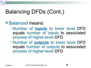 © 2011 Pearson Education, Inc. 26Chapter 7
Balancing DFDs (Cont.)
 Balanced means:
Number of inputs to lower level DFD
equals number of inputs to associated
process of higher-level DFD
Number of outputs to lower level DFD
equals number of outputs to associated
process of higher-level DFD
 