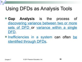 © 2011 Pearson Education, Inc. 39Chapter 7
Using DFDs as Analysis Tools
 Gap Analysis is the process of
discovering variance between two or more
sets of DFD or variance within a single
DFD.
 Inefficiencies in a system can often be
identified through DFDs.
 