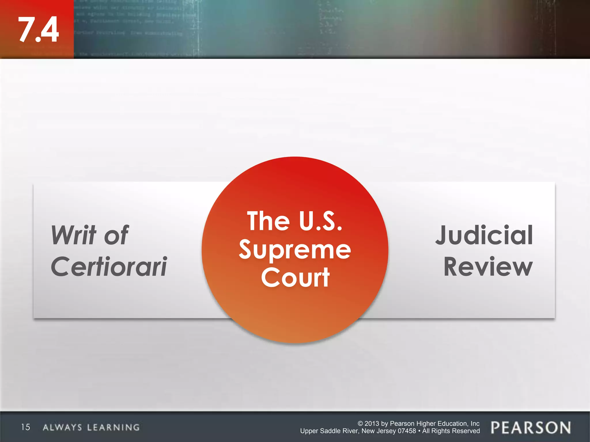 © 2013 by Pearson Higher Education, Inc
Upper Saddle River, New Jersey 07458 • All Rights Reserved
Writ of
Certiorari
Judicial
Review
7.4
The U.S.
Supreme
Court
15
 