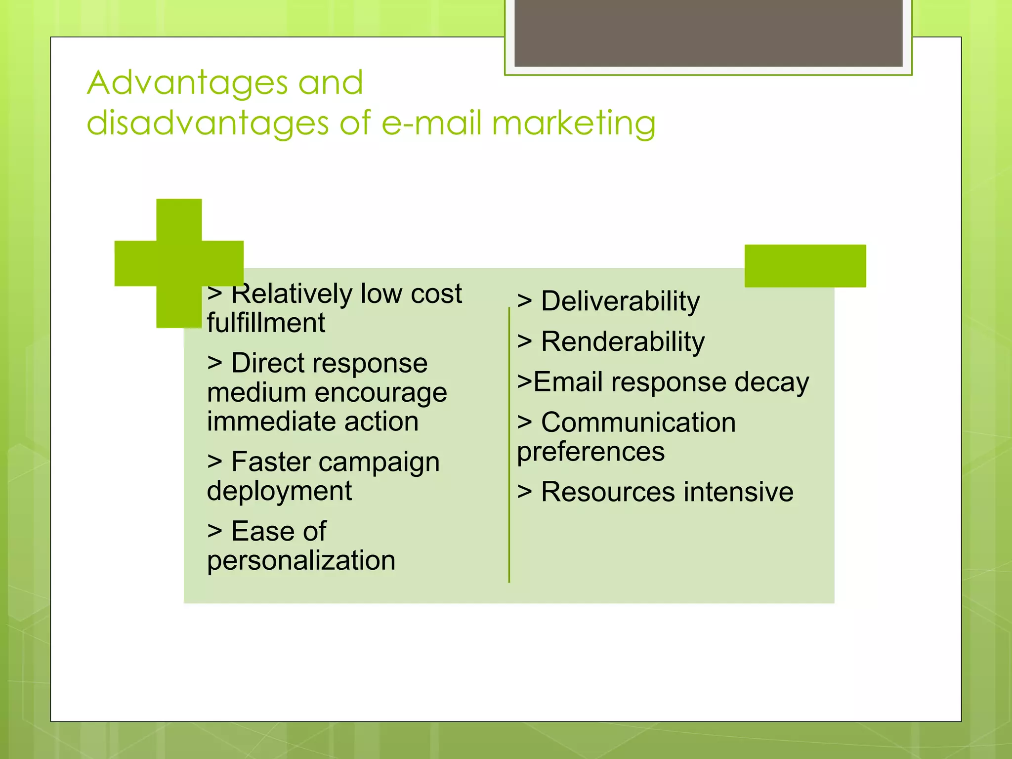 Advantages and
disadvantages of e-mail marketing
> Relatively low cost
fulfillment
> Direct response
medium encourage
immediate action
> Faster campaign
deployment
> Ease of
personalization
> Deliverability
> Renderability
>Email response decay
> Communication
preferences
> Resources intensive
 