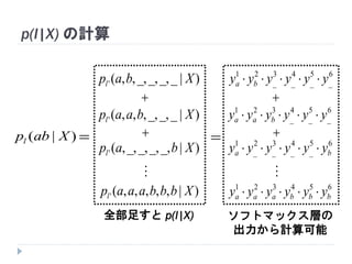 p(l|X) の計算
)|( Xabpl
)|__,_,_,,,(' Xbapl
)|__,_,,,,(' Xbaapl
)|_,_,_,_,,(' Xbapl
)|,,,,,(' Xbbbaaapl

全部足すと p(l|X)

 
6
_
5
_
4
_
3
_
21
yyyyyy ba 
6
_
5
_
4
_
321
yyyyyy baa 
65
_
4
_
3
_
2
_
1
ba yyyyyy 
654321
bbbaaa yyyyyy 



ソフトマックス層の
出力から計算可能
 