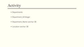 Activity
 Departments
 Department_Id Integer
 Department_Name varchar 30
 Location varchar 30
 