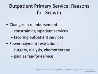 Outpatient Primary Service: Reasons
for Growth
• Changes in reimbursement
– constraining inpatient services
– favoring outpatient services
• Fewer payment restrictions
– surgery, dialysis, chemotherapy
– paid as fee-for-service
 