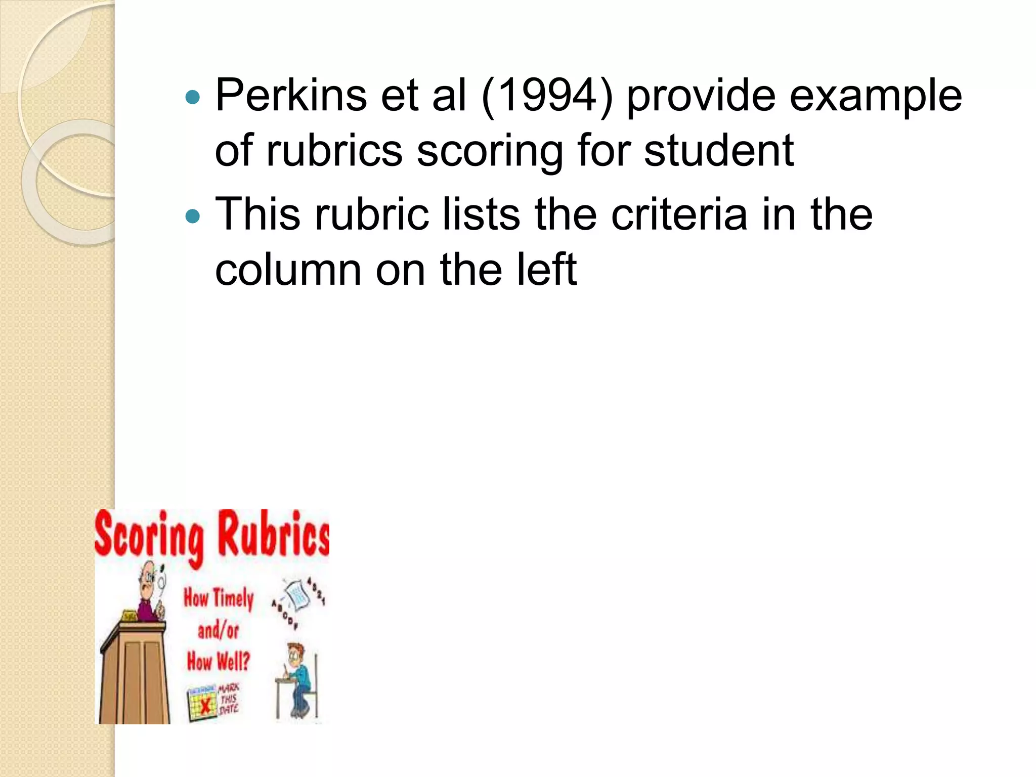  Perkins et al (1994) provide example
of rubrics scoring for student
 This rubric lists the criteria in the
column on the left
 