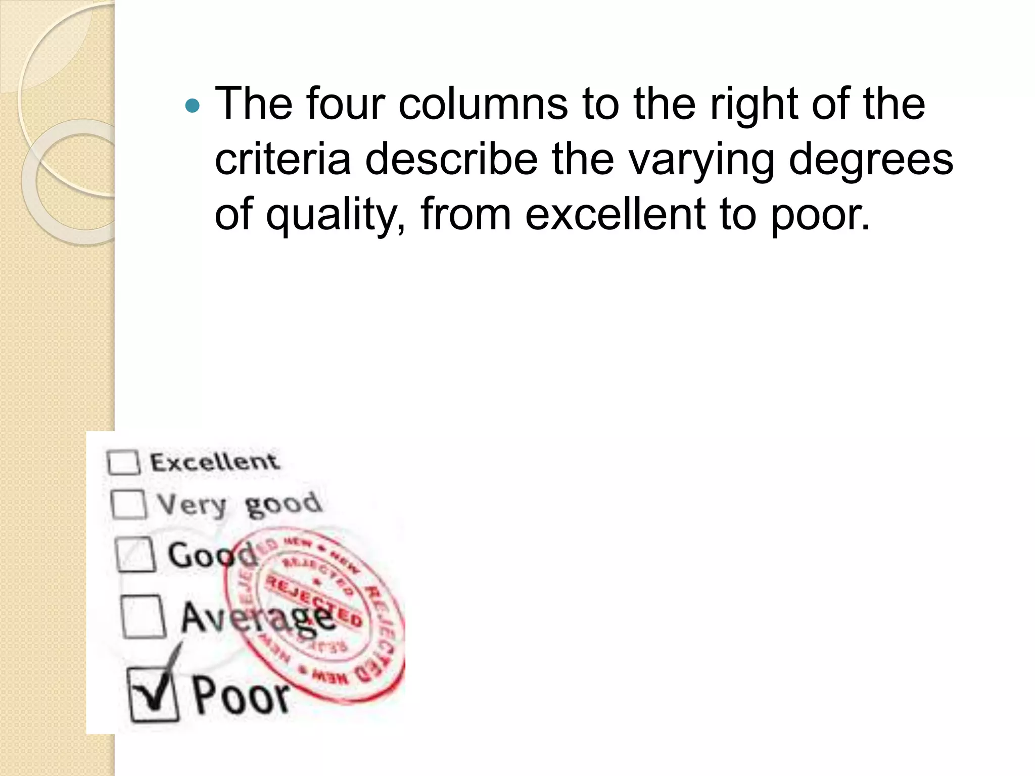  The four columns to the right of the
criteria describe the varying degrees
of quality, from excellent to poor.
 