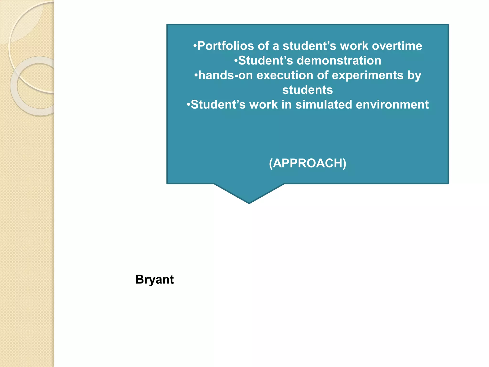 •Portfolios of a student’s work overtime
•Student’s demonstration
•hands-on execution of experiments by
students
•Student’s work in simulated environment
(APPROACH)
Bryant
 