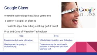 Google Glass
Wearable technology that allows you to see
a screen via a pair of glasses
Possible apps: bike riding, cooking, golf & travel
Pros and Cons of Wearable Technology
Pros Cons
Enhancement of social interaction Inhibit social interaction as a distraction
May improve the quality of
crowdsourcing
Time consuming for social media
platforms to incorporate data from
wearable tech
 