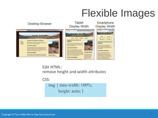 Copyright © Terry Felke-Morris http://terrymorris.net
Flexible Images
Edit HTML:
remove height and width attributes
CSS:
img { max-width: 100%;
height: auto; }
23
 