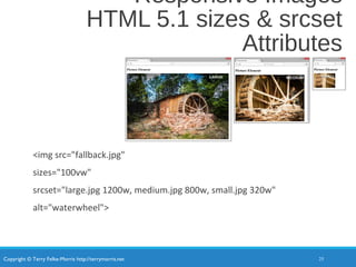 Copyright © Terry Felke-Morris http://terrymorris.net
Responsive Images
HTML 5.1 sizes & srcset
Attributes
<img src="fallback.jpg"
sizes="100vw"
srcset="large.jpg 1200w, medium.jpg 800w, small.jpg 320w"
alt="waterwheel">
25
 