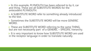  In this example, PLYMOUTH has been referred to by it, car
and thing. These are all SUBSTITUTE WORDS for the
antecedent PLYMOUTH.
 A SUBSTITUTE WORD refer to something already introduced
to the text.
 Sometimes the SUBSTITUTE WORD will be more GENERIC
WORD.
 These are SUBSTITUTE WORD referring to the same THING,
but are not necessarily part of a GENERIC – SPECIFIC hierarchy.
 It is very important to know how SUBSTITUTE WORD are used
in the receptor language in order to translate naturally.
 
