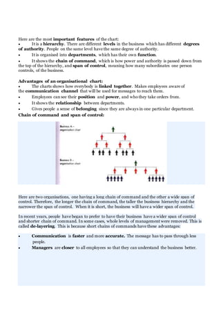 Here are the most important features of the chart:
 It is a hierarchy. There are different levels in the business which has different degrees
of authority. People on the same level have the same degree of authority.
 It is organised into departments, which has their own function.
 It shows the chain of command, which is how power and authority is passed down from
the top of the hierarchy, and span of control, meaning how many subordinates one person
controls, of the business.
Advantages of an organisational chart:
 The charts shows how everybody is linked together. Makes employees aware of
the communication channel that will be used for messages to reach them.
 Employees can see their position and power, and who they take orders from.
 It shows the relationship between departments.
 Gives people a sense of belonging since they are always in one particular department.
Chain of command and span of control:
Here are two organisations, one having a long chain of command and the other a wide span of
control. Therefore, the longer the chain of command, the taller the business hierarchy and the
narrower the span of control. When it is short, the business will have a wider span of control.
In recent years, people have began to prefer to have their business have a wider span of control
and shorter chain of command. In some cases, whole levels of management were removed. This is
called de-layering. This is because short chains of commands have these advantages:
 Communication is faster and more accurate. The message has to pass through less
people.
 Managers are closer to all employees so that they can understand the business better.
 