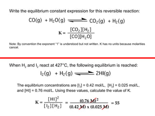 Write the equilibrium constant expression for this reversible reaction:
Note: By convention the exponent “1” is understood but not written. K has no units because molarities
cancel.
When H2 and I2 react at 427°C, the following equilibrium is reached:
The equilibrium concentrations are [I2] = 0.42 mol/L, [H2] = 0.025 mol/L,
and [HI] = 0.76 mol/L. Using these values, calculate the value of K.
 