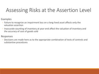 Assessing Risks at the Assertion Level
Examples
◦ Failure to recognize an impairment loss on a long-lived asset affects only the
valuation assertion
◦ Inaccurate counting of inventory at year-end affect the valuation of inventory and
the accuracy of cost of goods sold
Responses
◦ Decisions are made here as to the appropriate combination of tests of controls and
substantive procedures
 