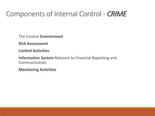 Components of Internal Control - CRIME
The Control Environment
Risk Assessment
Control Activities
Information System Relevant to Financial Reporting and
Communication
Monitoring Activities
 