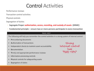 Control Activities
Performance reviews
Transaction control activities
Physical controls
Segregation of duties
◦ Segregate Proper authorization, access, recording, and custody of assets (SPARC)
◦ Fundamental principle – ensure two or more persons participate in every transaction
 
