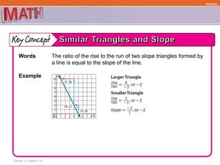 Course 3, Lesson 7-6
Geometry
Words The ratio of the rise to the run of two slope triangles formed by
a line is equal to the slope of the line.
Example
 