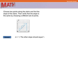 Answer
Need Another Example?
Choose two points along the stairs and find the
slope of the stairs. Then verify that the slope is
the same by choosing a different set of points.
m = 1; The other slope should equal 1.
 