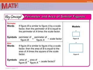 Course 3, Lesson 7-7
Geometry
Perimeter
Words If figure B is similar to figure A by a scale
factor, then the perimeter of B is equal to
the perimeter of A times the scale factor.
Symbols perimeter of perimeter of
figure B figure A
Models
Area
Words If figure B is similar to figure A by a scale
factor, then the area of B is equal to the
area of A times the square of the scale
factor.
Symbols area of area of
figure B figure A
= • scale factor
= • (scale factor)2
 
