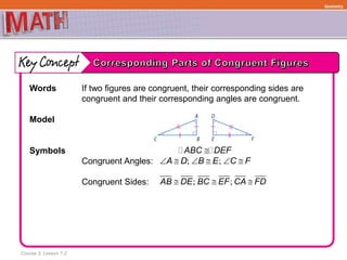 Course 3, Lesson 7-2
Geometry
Words If two figures are congruent, their corresponding sides are
congruent and their corresponding angles are congruent.
Model
Symbols
Congruent Angles:
Congruent Sides:
ABC DEF
; ;A D B E C F     
; ;AB DE BC EF CA FD  
 