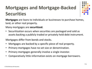 © 2019 McGraw-Hill Education.
Mortgages and Mortgage-Backed
Securities
Mortgages are loans to individuals or businesses to purchase homes,
land, or other real property.
Many mortgages are securitized.
• Securitization occurs when securities are packaged and sold as
assets backing a publicly traded or privately held debt instrument.
Mortgages differ from bonds and stocks.
• Mortgages are backed by a specific piece of real property.
• Primary mortgages have no set size or denomination.
• Primary mortgages generally involve a single investor.
• Comparatively little information exists on mortgage borrowers.
7-3
 