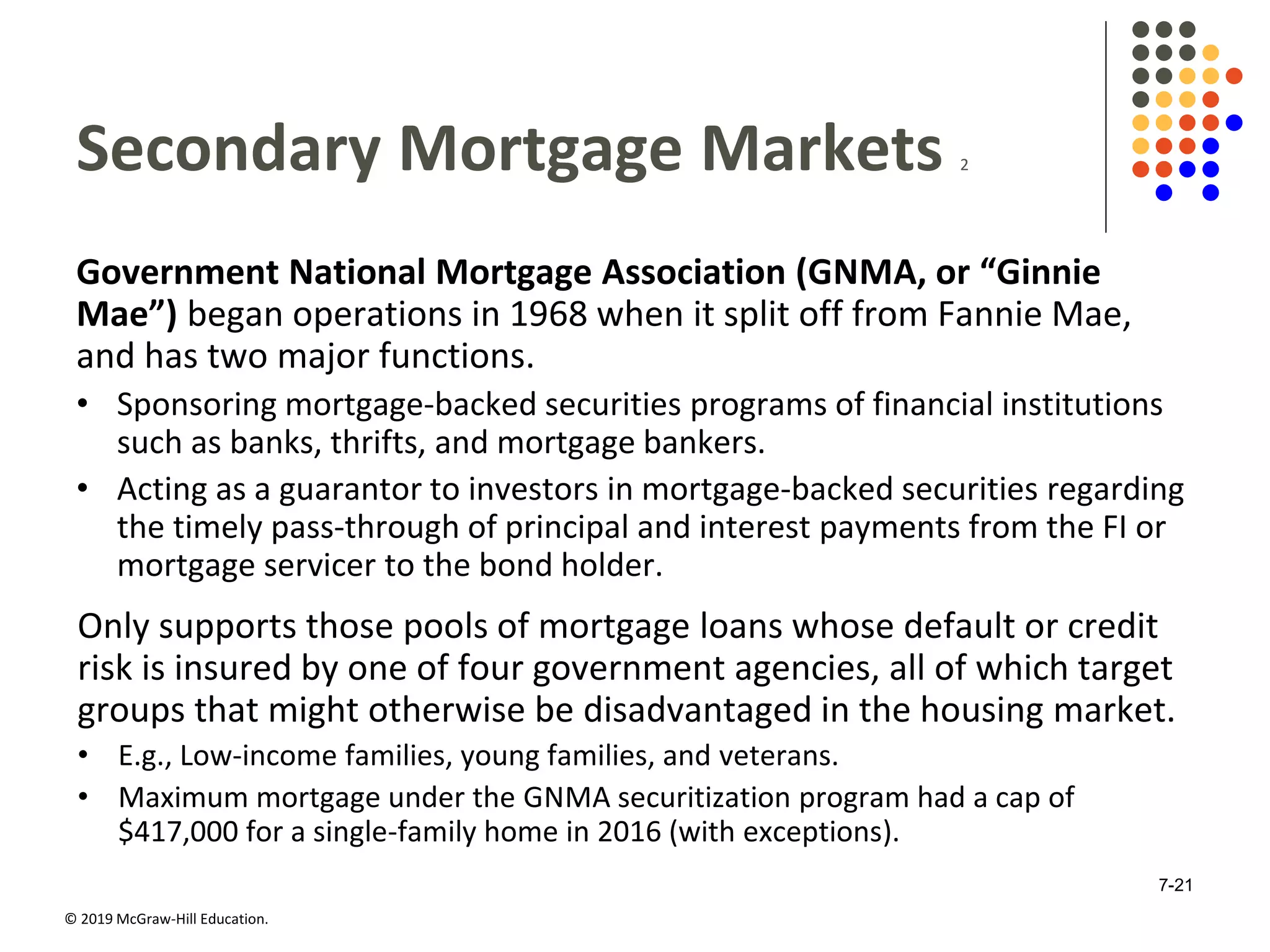 © 2019 McGraw-Hill Education.
Secondary Mortgage Markets 2
Government National Mortgage Association (GNMA, or “Ginnie
Mae”) began operations in 1968 when it split off from Fannie Mae,
and has two major functions.
• Sponsoring mortgage-backed securities programs of financial institutions
such as banks, thrifts, and mortgage bankers.
• Acting as a guarantor to investors in mortgage-backed securities regarding
the timely pass-through of principal and interest payments from the FI or
mortgage servicer to the bond holder.
Only supports those pools of mortgage loans whose default or credit
risk is insured by one of four government agencies, all of which target
groups that might otherwise be disadvantaged in the housing market.
• E.g., Low-income families, young families, and veterans.
• Maximum mortgage under the GNMA securitization program had a cap of
$417,000 for a single-family home in 2016 (with exceptions).
7-21
 
