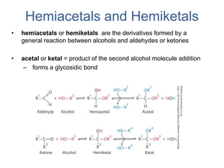Hemiacetals and Hemiketals
• hemiacetals or hemiketals are the derivatives formed by a
general reaction between alcohols and aldehydes or ketones
• acetal or ketal = product of the second alcohol molecule addition
– forms a glycosidic bond
 