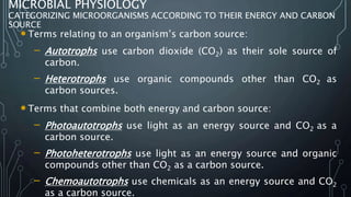 MICROBIAL PHYSIOLOGY
CATEGORIZING MICROORGANISMS ACCORDING TO THEIR ENERGY AND CARBON
SOURCE
•Terms relating to an organism’s carbon source:
– Autotrophs use carbon dioxide (CO2) as their sole source of
carbon.
– Heterotrophs use organic compounds other than CO2 as
carbon sources.
•Terms that combine both energy and carbon source:
– Photoautotrophs use light as an energy source and CO2 as a
carbon source.
– Photoheterotrophs use light as an energy source and organic
compounds other than CO2 as a carbon source.
– Chemoautotrophs use chemicals as an energy source and CO2
as a carbon source.
 