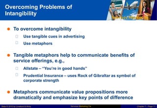 Overcoming Problems of
Intangibility
Services Marketing
 To overcome intangibility
Use tangible cues in advertising
Use metaphors
 Tangible metaphors help to communicate
service offerings, e.g.,
benefits of
Allstate – “You’re in good hands”
Prudential Insurance – uses Rock of Gibraltar as symbol of
corporate strength
 Metaphors communicate value propositions more
dramatically and emphasize key points of difference
Services Marketing 7/e
Slide © 2010 by Lovelock & Wirtz Chapter 7 – Page 11
 