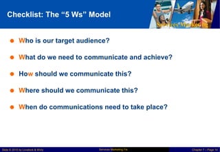 Checklist: The “5 Ws” Model
Services Marketing
 Who is our target audience?
 What do we need to communicate and achieve?
 How should we communicate this?
 Where should we communicate this?
 When do communications need to take place?
Services Marketing 7/e
Slide © 2010 by Lovelock & Wirtz Chapter 7 – Page 14
 