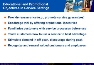 Educational and Promotional
Objectives in Service Settings
Services Marketing
 Provide reassurance (e.g., promote service guarantees)
 Encourage trial by offering promotional incentives
 Familiarize customers with service processes before use
 Teach customers how to use a service to best advantage
 Stimulate demand in off-peak, discourage during peak
 Recognize and reward valued customers and employees
Services Marketing 7/e
Slide © 2010 by Lovelock & Wirtz Chapter 7 – Page 17
 