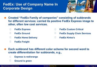 FedEx: Use of Company Name In
Corporate Design
Services Marketing
 Created “FedEx Family of companies” consisting of subbrands
for different services; carried its positive FedEx Express image to
other, often low cost services.
FedEx
FedEx
FedEx
FedEx
Express
Ground
Home Delivery
Freight
FedEx
FedEx
FedEx
Custom Critical
Supply Chain Services
Kinko’s
 Each subbrand has different color scheme for second word to
create differentiation for subbrands, e.g.,
Express is red/orange
Ground is green
Services Marketing 7/e
Slide © 2010 by Lovelock & Wirtz Chapter 7 – Page 35
 