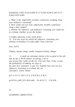 Probability 0.001 0.010 0.044 0.117 0.205 0.246 0.205 0.117
0.044 0.010 0.001
a. What is the empirically testable conclusion resulting from
your deductive reasoning?
b. How could you test your empirically testable conclusion
using a data sample?
c. Outline the inductive and deductive reasoning you could use
to evaluate whether or not the broker
is simply guessing in her stock picks.
15. List two ways by which the inductive reasoning you
utilized in Problem 14 could suffer from selection
bias. (LO7)
Chapter opener image credit: ©naqiewei/Getty Images
13.               A used car salesman claims to be so good at his job
that he has a 50/50 chance of selling a car to
any person that walks on the lot. You note that, if this is true,
the probability of making no sales to
the next five customers is just 3%. Explain how you can use
inductive reasoning to evaluate the car
salesman’s claim. (LO6)
Q U A N T I TAT I V E P R O B L E M S
pri91516_ch02_032-054.indd 54 10/31/17 2:26 PM
55
LEARNING OBJECTIVES
 