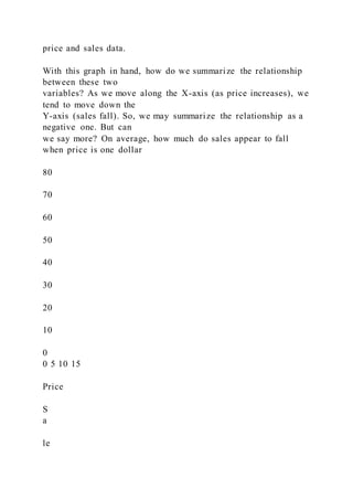 price and sales data.
With this graph in hand, how do we summarize the relationship
between these two
variables? As we move along the X-axis (as price increases), we
tend to move down the
Y-axis (sales fall). So, we may summarize the relationship as a
negative one. But can
we say more? On average, how much do sales appear to fall
when price is one dollar
80
70
60
50
40
30
20
10
0
0 5 10 15
Price
S
a
le
 