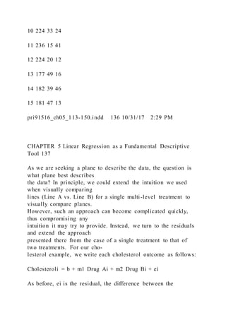 10 224 33 24
11 236 15 41
12 224 20 12
13 177 49 16
14 182 39 46
15 181 47 13
pri91516_ch05_113-150.indd 136 10/31/17 2:29 PM
CHAPTER 5 Linear Regression as a Fundamental Descriptive
Tool 137
As we are seeking a plane to describe the data, the question is
what plane best describes
the data? In principle, we could extend the intuition we used
when visually comparing
lines (Line A vs. Line B) for a single multi-level treatment to
visually compare planes.
However, such an approach can become complicated quickly,
thus compromising any
intuition it may try to provide. Instead, we turn to the residuals
and extend the approach
presented there from the case of a single treatment to that of
two treatments. For our cho-
lesterol example, we write each cholesterol outcome as follows:
Cholesteroli = b + m1 Drug Ai + m2 Drug Bi + ei
As before, ei is the residual, the difference between the
 