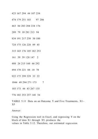 423 167 294 44 107 234
474 179 251 103        97 206
463 84 283 204 234 176
289 79 10 281 213 94
834 191 217 230 30 180
724 175 126 228 89 45
315 165 176 105 182 253
161 39 39 128 147 2
488 26 215 160 66 292
494 170 221 88 18 78
922 175 299 229 33 22
1044 49 294 271 173        7
103 173 44 83 267 135
776 102 253 257 148 54
TABLE 5.11 Data on an Outcome Y and Five Treatments, X1–
X5
Answer:
Using the Regression tool in Excel, and regressing Y on the
block of data X1 through X5, produces the
values in Table 5.12. Therefore, our estimated regression
 