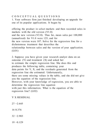 C O N C E P T U A L Q U E S T I O N S
1. Your software firm just finished developing an upgrade for
one of its popular applications. It began by
offering the product in select markets and then recorded sales in
markets with the old version (V1.0)
and the new version (V2.0). Thus far, mean sales per 100,000
(annualized) for V1.0 were 125, and for
the new version were 187. Solve for the regression line for a
dichotomous treatment that describes the
relationship between sales and the version of your application.
(LO1)
2. Suppose you have given your research analyst data on an
outcome (Y) and treatment (X) and asked her
to estimate the simple regression line. She does this and
produces the following table, containing your
data points for Y, X, and the residuals generated from the
regression line she estimated. Unfortunately,
there are some missing values in the table, and she did not give
you the equation of the regression line.
However, with your knowledge of regression, you are able to
determine the regression line equation
with just this information. What is the equation of the
regression line? (LO2)
Y X RESIDUAL
27 −2.645
16 0.376
32 −2.903
19 −0.129
 