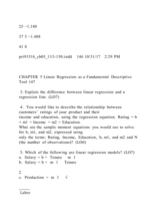 25 −1.140
37 5 −1.408
41 8
pri91516_ch05_113-150.indd 146 10/31/17 2:29 PM
CHAPTER 5 Linear Regression as a Fundamental Descriptive
Tool 147
3. Explain the difference between linear regression and a
regression line. (LO7)
4. You would like to describe the relationship between
customers’ ratings of your product and their
income and education, using the regression equation: Rating = b
+ m1 × Income + m2 × Education.
What are the sample moment equations you would use to solve
for b, m1, and m2, expressed using
only the terms: Rating, Income, Education, b, m1, and m2 and N
(the number of observations)? (LO6)
5. Which of the following are linear regression models? (LO7)
a. Salary = b + Tenure m 1
b. Salary = b + m 1   Tenure
2
c. Production = m 1   √
_____
Labor
 