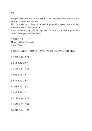 the
sample standard deviation for Y. The unconditional correlation
is always between −1 and 1.
If it is positive, it implies X and Y generally move in the same
direction (if X increases, Y
tends to increase); if it is negative, it implies X and Y generally
move in opposite directions.
TABLE 6.1
Honey Wheat Crunch
Store Data
STORE SALES (BOXES) AVG. PRICE ($) AVG. HH SIZE
1 1085 4.56 2.72
2 564 5.42 2.97
3 1495 3.87 3.42
4 592 4.99 1.6
5 989 3.92 2.98
6 544 5.61 3.47
7 837 4.76 1.8
8 1163 4.44 3.26
9 1027 4.32 2.89
10 947 5.14 1.92
… … … …
 