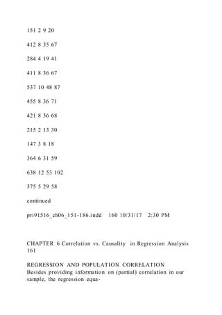 151 2 9 20
412 8 35 67
284 4 19 41
411 8 36 67
537 10 48 87
455 8 36 71
421 8 36 68
215 2 13 30
147 3 8 18
364 6 31 59
638 12 53 102
375 5 29 58
continued
pri91516_ch06_151-186.indd 160 10/31/17 2:30 PM
CHAPTER 6 Correlation vs. Causality in Regression Analysis
161
REGRESSION AND POPULATION CORRELATION
Besides providing information on (partial) correlation in our
sample, the regression equa-
 