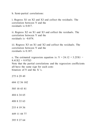 b. Semi-partial correlations:
i. Regress X1 on X2 and X3 and collect the residuals. The
correlation between Y and the
residuals is 0.017.
ii. Regress X2 on X1 and X3 and collect the residuals. The
correlation between Y and the
residuals is −0.074.
iii. Regress X3 on X1 and X2 and collect the residuals. The
correlation between Y and the
residuals is 0.187.
c. The estimated regression equation is: Y = 24.12 + 3.25X1 −
8.41X2 + 9.97X3
Note that the partial correlations and the regression coefficients
all have the same sign for each com-
bination of Y and the X ’s.
275 6 29 49
604 12 56 102
505 10 43 81
404 6 34 65
408 8 33 63
233 4 19 36
449 11 44 77
395 9 37 64
 