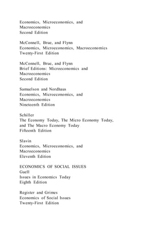 Economics, Microeconomics, and
Macroeconomics
Second Edition
McConnell, Brue, and Flynn
Economics, Microeconomics, Macroeconomics
Twenty-First Edition
McConnell, Brue, and Flynn
Brief Editions: Microeconomics and
Macroeconomics
Second Edition
Samuelson and Nordhaus
Economics, Microeconomics, and
Macroeconomics
Nineteenth Edition
Schiller
The Economy Today, The Micro Economy Today,
and The Macro Economy Today
Fifteenth Edition
Slavin
Economics, Microeconomics, and
Macroeconomics
Eleventh Edition
ECONOMICS OF SOCIAL ISSUES
Guell
Issues in Economics Today
Eighth Edition
Register and Grimes
Economics of Social Issues
Twenty-First Edition
 