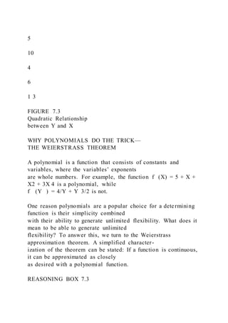 5
10
4
6
1 3
FIGURE 7.3
Quadratic Relationship
between Y and X
WHY POLYNOMIALS DO THE TRICK—
THE WEIERSTRASS THEOREM
A polynomial is a function that consists of constants and
variables, where the variables’ exponents
are whole numbers. For example, the function f   (X) = 5 + X +
X2 + 3X 4 is a polynomial, while
f    (Y   ) = 4/Y + Y  3/2 is not.
One reason polynomials are a popular choice for a determining
function is their simplicity combined
with their ability to generate unlimited flexibility. What does it
mean to be able to generate unlimited
flexibility? To answer this, we turn to the Weierstrass
approximation theorem. A simplified character-
ization of the theorem can be stated: If a function is continuous,
it can be approximated as closely
as desired with a polynomial function.
REASONING BOX 7.3
 