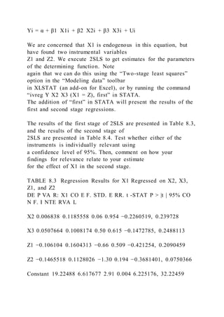 Yi = α + β1  X1i + β2  X2i + β3  X3i + Ui
We are concerned that X1 is endogenous in this equation, but
have found two instrumental variables
Z1 and Z2. We execute 2SLS to get estimates for the parameters
of the determining function. Note
again that we can do this using the “Two-stage least squares”
option in the “Modeling data” toolbar
in XLSTAT (an add-on for Excel), or by running the command
“ivreg Y X2 X3 (X1 = Z), first” in STATA.
The addition of “first” in STATA will present the results of the
first and second stage regressions.
The results of the first stage of 2SLS are presented in Table 8.3,
and the results of the second stage of
2SLS are presented in Table 8.4. Test whether either of the
instruments is individually relevant using
a confidence level of 95%. Then, comment on how your
findings for relevance relate to your estimate
for the effect of X1 in the second stage.
TABLE 8.3 Regression Results for X1 Regressed on X2, X3,
Z1, and Z2
DE P VA R: X1 CO E F. STD. E RR. t -STAT P > |t | 95% CO
N F. I NTE RVA L
X2 0.006838 0.1185558 0.06 0.954 −0.2260519, 0.239728
X3 0.0507664 0.1008174 0.50 0.615 −0.1472785, 0.2488113
Z1 −0.106104 0.1604313 −0.66 0.509 −0.421254, 0.2090459
Z2 −0.1465518 0.1128026 −1.30 0.194 −0.3681401, 0.0750366
Constant 19.22488 6.617677 2.91 0.004 6.225176, 32.22459
 
