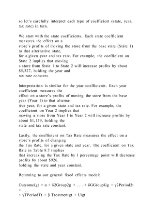 so let’s carefully interpret each type of coefficient (state, year,
tax rate) in turn.
We start with the state coefficients. Each state coefficient
measures the effect on a
store’s profits of moving the store from the base state (State 1)
to that alternative state,
for a given year and tax rate. For example, the coefficient on
State 2 implies that moving
a store from State 1 to State 2 will increase profits by about
$5,327, holding the year and
tax rate constant.
Interpretation is similar for the year coefficients. Each year
coefficient measures the
effect on a store’s profits of moving the store from the base
year (Year 1) to that alterna-
tive year, for a given state and tax rate. For example, the
coefficient on Year 2 implies that
moving a store from Year 1 to Year 2 will increase profits by
about $1,159, holding the
state and tax rate constant.
Lastly, the coefficient on Tax Rate measures the effect on a
store’s profits of changing
the Tax Rate, for a given state and year. The coefficient on Tax
Rate in Table 8.7 implies
that increasing the Tax Rate by 1 percentage point will decrease
profits by about $926,
holding the state and year constant.
Returning to our general fixed effects model:
Outcomeigt = α + δ2Group2g + . . . + δGGroupGg + γ2Period2t
+ . . .
+ γTPeriodTt + β Treatmentgt + Uigt
 